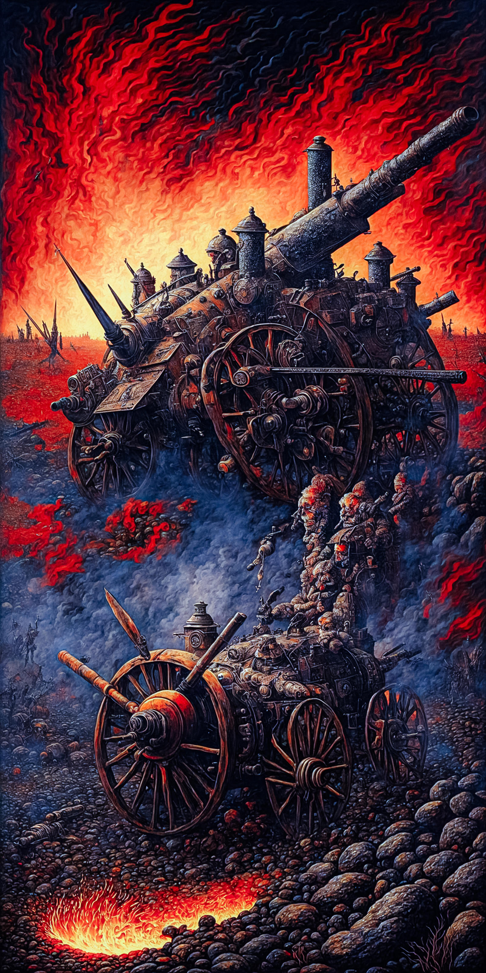 A painting of a large steampunk tank with people on it.