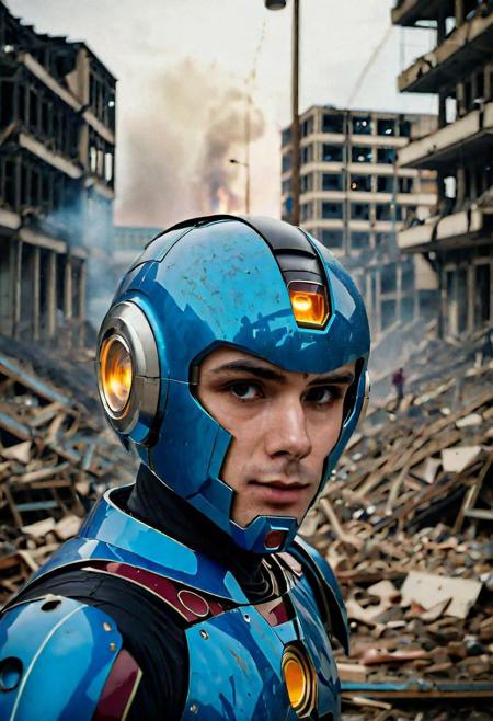 Portrait Photo of a blue gelatine megaman who is standing looking at how his city has been destroyed by a nuclear bomb. He has just arrived at the disaster and observes the horror of the destruction, ruined buildings full of smoke and flames, ground full of rubble with skeletons lying around In the dawn light floods the scene, the man is completely dressed in normal clothes and wet, he is dirty, everything is a disaster, the sky is cloudy and it is raining,(beautiful face:1.6), Fujifilm XT3,film still,film grain,cinematic,soldier accessories,war style, professional photo,best quality and best aesthetic,Award-winning artistic photos,Outdoors,public places,( detailed in background:1.6)Perfil,18-20 (dirty:1.8)