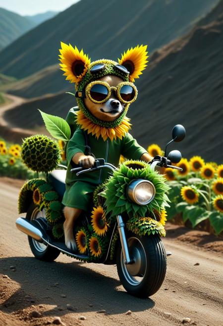 Made of Sunflowers, from side, closeup cute small motorcycle Made of Sunflowers, chihuahua driving, (wear round goggles:1.2), wear animal ears helmet Made of Sunflowers, run through on mountain dirt road, Dust, cinematic, cinematic lighting, (masterpiece, best quality:1.4), ultra-high res, 4k, Photorealistic, insanely detailed, sfw,