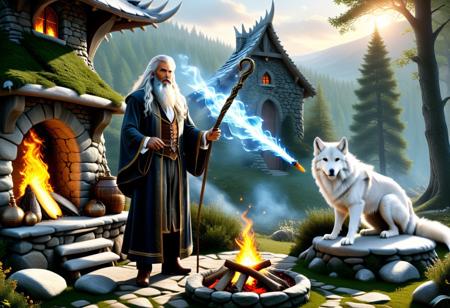 ultra realistic image with high resolution and stable focus correct and accurate anatomy, correct and accurate objects, perfect detail, ultra realism, photo realism, an image depicting a magician, a dtsrec with a long beard and white long hair leaning on his magic wand standing next to a hearth in which a magical fire burns in front of his stone house merges with the forest landscape, next to him there is 1 huge dragon staring into the fire, at the feet of the magician lies a meekly huge white wolf. ultra detail