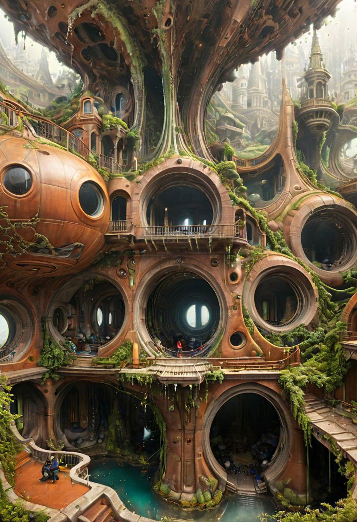 A Fantastical World of Dwarf Homes and Towers Surrounded by Plants and Trees