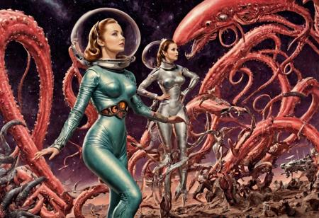 safe_pos, old pulp scifi movie poster, 1girl, full body, side ponytails, perfect hourglass figure, retro futuristic girl in a sexy space suit, alien battle, tentacle alien