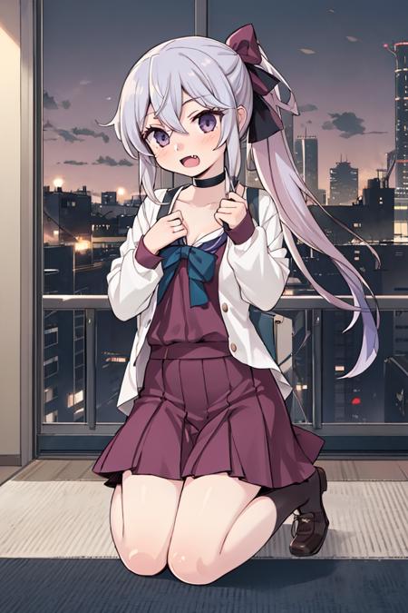 <lora:fujikawa-20:1>, 1girl, solo, long hair, high ponytail, fang out, ringlets, hair between eyes, small breasts, pale color, purple theme, upturned eyes, eyelashes, ribbon choker, ribbon, school uniform, full body, hair ribbon, shirt, cityscape,