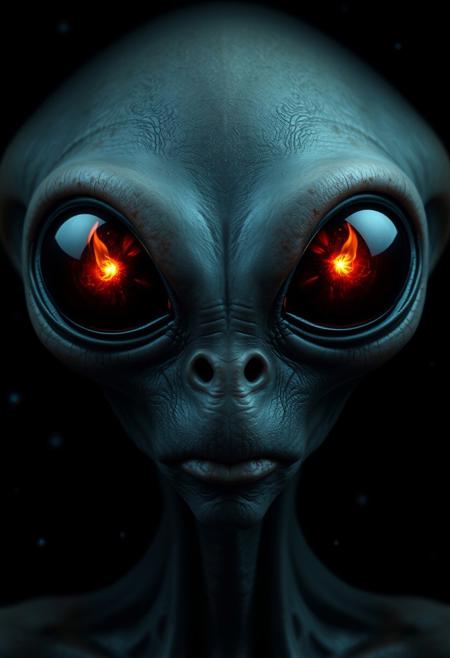 "Create a hyper-realistic image of a typical alien, its bulbous head and large, soulless eyes seeming to absorb the darkness around it. The eyes are a deep, black metallic texture, with a single fireball reflected in the center of each one. The fireball's flames dance and flicker, casting an eerie, otherworldly glow on the alien's face, illuminating it from the deep shadows. Tiny blue twilights dot the image, giving it an ethereal, extraterrestrial feel. The alien's skin is a pale, almost translucent color, and its facial features are smooth and expressionless. The overall effect is one of haunting, intergalactic menace." highest-Quality, 8 k, intricate details, visually stunning, Masterpiece