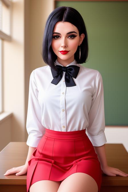 photo of a woman, tabootie:0.99, ((short hair, black hair):1.2) ((bowtie, white shirt, skirt):1.2), ((cowboy shot, waist, hips, thighs):1.2), ((sitting, classroom, desk):1.2), ((red lipstick, eyeliner,eye shadow, blush):1.2), ((best quality, masterpiece, extreme details, high resolution):1.2),((detailed eyes, beautiful eyes, detailed face, beautiful face):1.2)