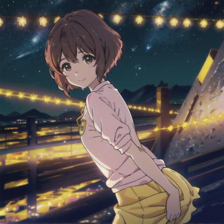 masterpiece,best quality,bright colors,space,starry sky,star( sky),cinematic lighting, extremely detailed CG unity 8k wallpaper,solo,smile, sky, cloudy_sky, building, moonlight, moon, night, (dark theme:1.3), light, fantasy,Nishimiya,1girl,solo,short hair,brown hair,detailed hair,brown eyes,pink shirt,yellow skirt,,lookind at viewer,close up,   <lora:ShoukoNishimiya :0.7>