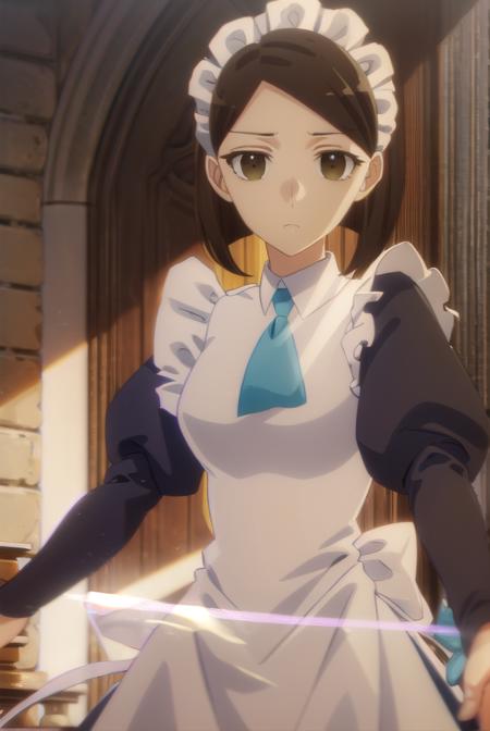 anneshelley, <lora:anne shelley s2-lora-nochekaiser:1>,
anne shelley, short hair, brown hair, (brown eyes:1.5),
BREAK long sleeves, puffy sleeves, apron, maid, maid headdress, juliet sleeves, maid apron,
BREAK indoors,
BREAK looking at viewer, (cowboy shot:1.5),
BREAK <lyco:GoodHands-beta2:1>, (masterpiece:1.2), best quality, high resolution, unity 8k wallpaper, (illustration:0.8), (beautiful detailed eyes:1.6), extremely detailed face, perfect lighting, extremely detailed CG, (perfect hands, perfect anatomy),