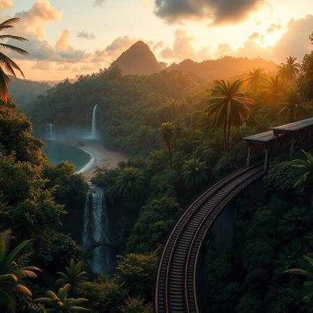 A photorealistic masterpiece of a tropical jungle view with waterfalls, dense vegetation near a beach, railoroad with bridges and tunnels , very high details, sunset