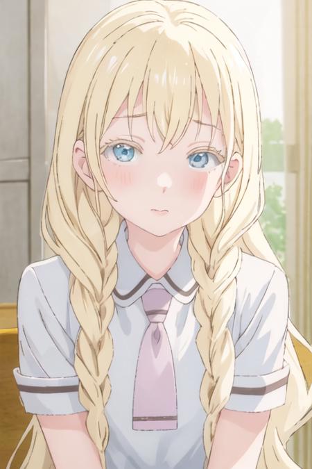 best quality, masterpiece, highres, solo, {olivia_asobiasobase:1.15}, blonde_hair, long_hair, blue_eyes, necktie, indoors