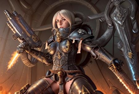 professional portrait  photo of standing whsororitas with bolter in hands <lora:whsororitas7:1.0>,  photo of standing girl in whsororitas metal armor with long hair sitting, very sexy pose, medium shot, visible face, detailed face, perfectly shaded body, perfectly shaded face, atmospheric lighting, saturated colors, battle, epic explosions battlefield, tanks and warriors