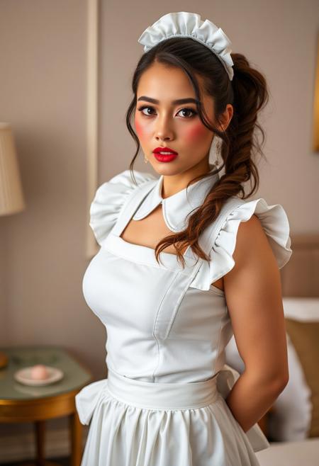 Stable_Yogis_PDXL_Positives, 1 french maid standing and looking at floor, aged 25, pretty  face, discipline, makeup, clothed, maid, french maid outfit, feminine, proud, heavy blush, excited, perfect detailed face, beautiful eyes, , flat chest,  collar, focus on head to knees, submissive, very detailed, hotel room, maid clothes, Expressiveh, hands behind back, solo, front angle, score_9, score_8_up,