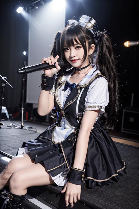 realistic, photorealistic, masterpiece, best quality, idol_costume, boots, 1girl, solo, smile, idol, full body, looking at viewer, long black hair, twintails, sitting on  stage, stage lighting, stage spotlight, detailed background, singing, holding microphone, audience, <lora:Cute Asian Face:0.7>, <lora:idol_costume_style4_v1:0.7>