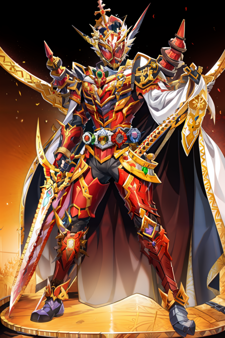 red armor, king, crown, holding sword, stag beetle, helmet, tokusatsu, belt, solo