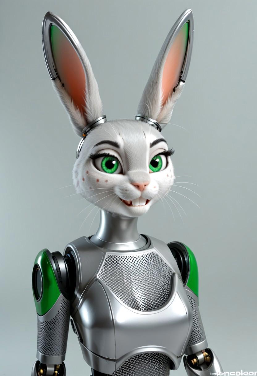 A 35mm photo of a beautiful robotic woman, she has a robotic  anthropomorphic robotic rabbit head, robot, rabbit nose, rabbit teeth, green rabbit eyes, freckles, grey rabbit fur, cat fur, grey rabbit ears, silver hair, silver mesh bodysuit, robotic joints