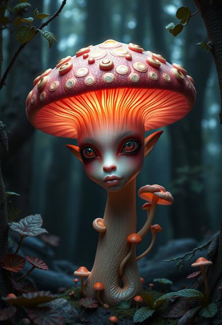 biomorphic humanoid mushroom exuding an elegant and majestic aura, gentle glow, a vibrant gradient color scheme that complements its magical forest surroundings, mushroom elements in its skin, both on the face and body. ZBrush, insanely detailed, realistic, and hyper-realistic, aesthetic and portrait-like quality, capturing the essence of a living masterpiece within the enchanted realm