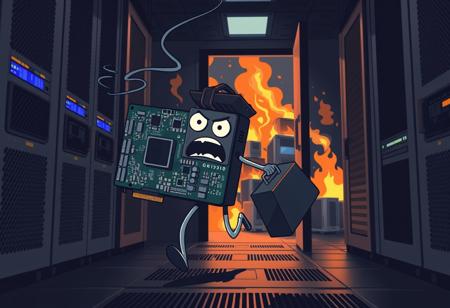 Dramatic action chase closeup, Comic with flat shading, dark server room, A motherboard graphics card from a computer with a panicked face with two metal thin legs holding a suitcase while running away out  of door, open computer case in background, burning computer, chaos, many burning computers