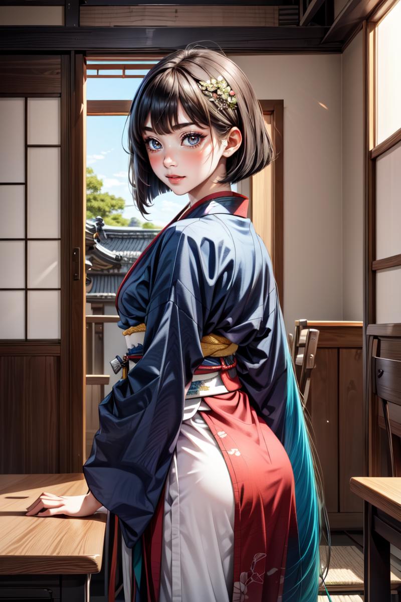 Anime-style woman in a blue and red kimono, wearing white pants and standing in a room.