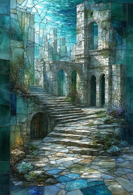 Construct a photorealistic depiction of a submerged city, shattered into stained-glass mosaics. Multiple perspectives entwine to form a mesmerizing composition, with crumbling architecture, coral reefs, and schools of fish rendered as geometric shards emanating a diffused, underwater glow. The color palette utilizes deep teal, aged ochre, and vibrant magenta, highlighting intersecting lines and fragmented forms. Integrate subtle photorealistic details within each glass fragmentâthe texture of algae, the movement of currentsâto create a compelling fusion of abstract geometry and tangible marine life, evoking a sense of forgotten grandeur and silent mystery..