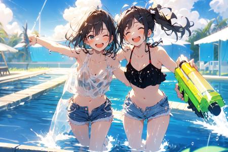 (masterpiece:1.2), best quality,cozy anime,
multiple girls, 2girls, smile, shorts, short shorts, open mouth, water gun, one eye closed, navel, outdoors, black hair, day, looking at viewer, shirt, crop top, open fly, bare shoulders, holding, thighs, sleeveless shirt, brown eyes, denim shorts, sleeveless, breasts, midriff, water, long hair, stomach, denim, ;d, bare arms, short hair, swimsuit, cowboy shot, wading, cutoffs, :d, sky, bikini, white shirt, white shorts, jewelry, cloud, wet, collarbone, blush, black shirt, blue sky, standing, tank top, micro shorts, cleavage, black bikini, holding water gun, medium breasts, crop top overhang, side-tie bikini bottom, ass, thigh gap
 <lora:cozy anime_20230630155224:0.9>