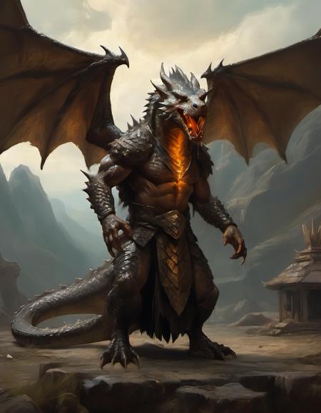 huge muscular dragon-rat-man shaman wearing intricate robes magical runes wasteland dark metallic scaly skin detailed wings photorealistic texture cinematic light fantastical and intense