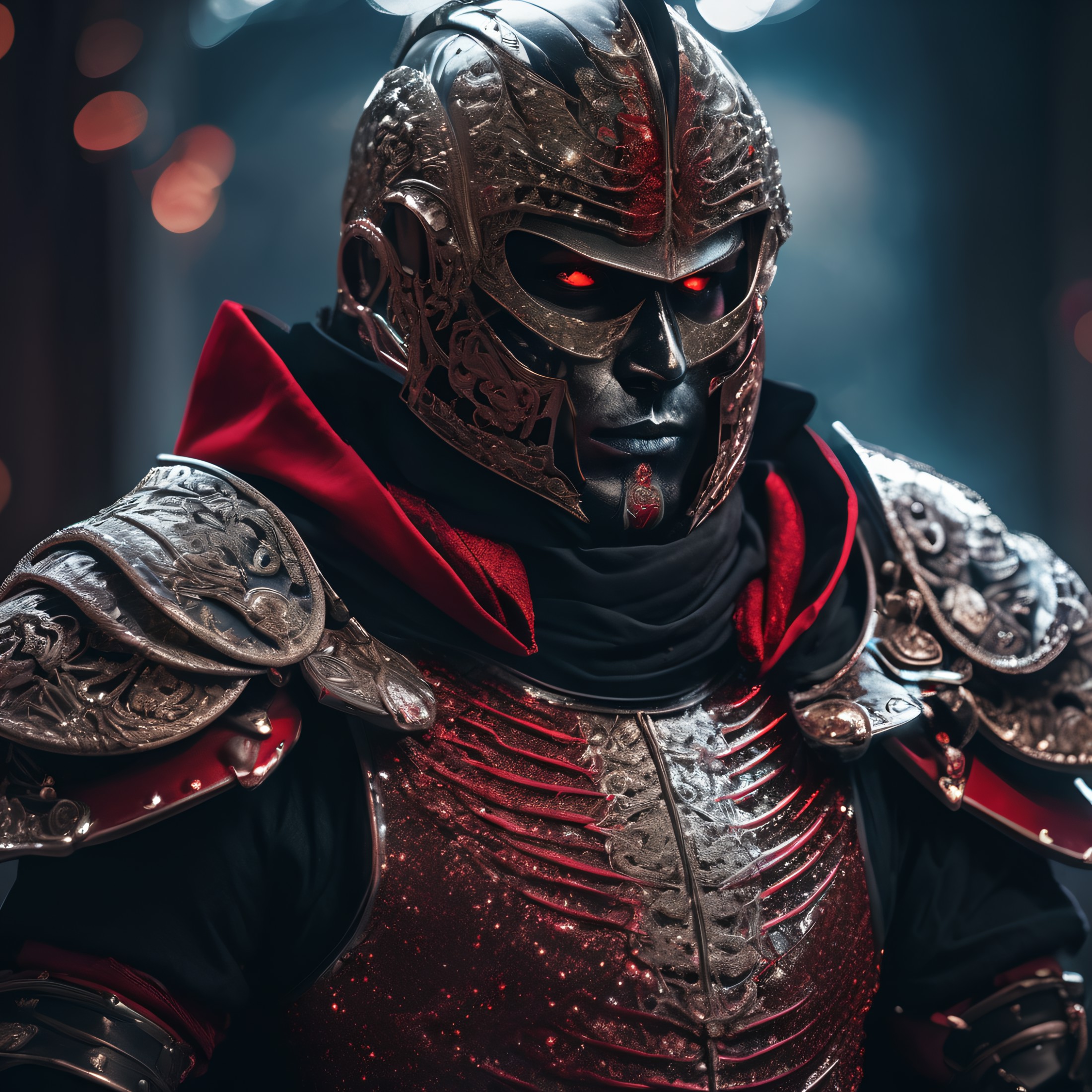 Skull face warrior, wearing black armor posing, elaborate scene style, glitter, red, realistic style, 8k,exposure blend, m...