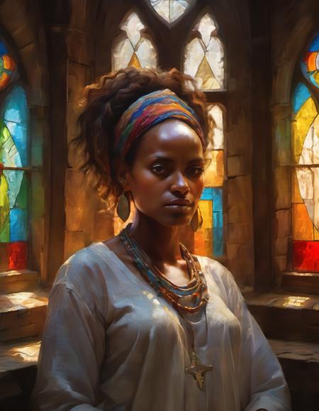 closeup portrait of a beautiful Ethiopian woman in a humble rustic church with colorful backlit stained-glass windows