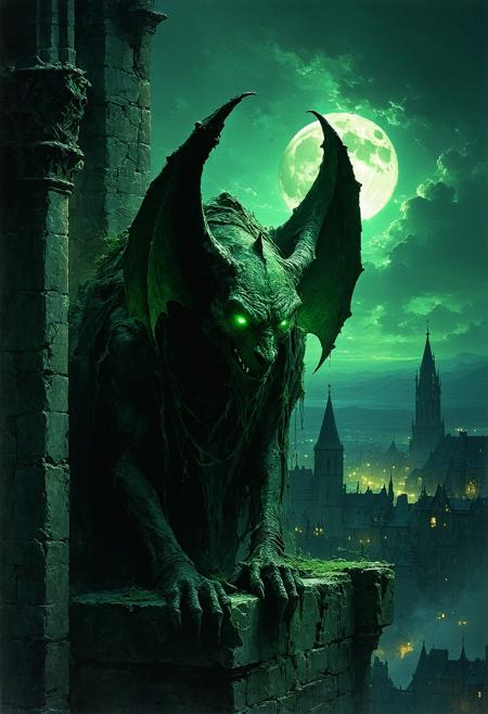 Painterly dark fantasy illustration, style of Brom and Zdzisław Beksiński. Low-angle close-up: Ancient stone gargoyle's head tilts upward, baleful phosphorescent green eyes glowing intensely from deep sockets. Weathered, pitted stone covered in grime and faint moss, rendered with visible, textured brushstrokes. Dramatic moonlight carves sharp highlights against abyssal shadows. Swirling nocturnal mist clings to the cathedral spire perch. Atmosphere of brooding menace, ancient sentience awakened. Hints of distant, blurred medieval city lights far below.