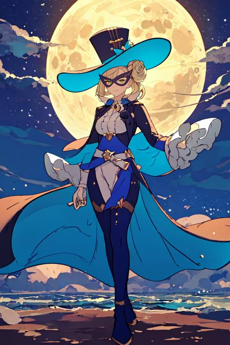 (masterpiece, top quality, best quality, beautiful, and aesthetic:1.2) full body, lapi5, posing, mature woman, slight smile, moon, 1girl, hat, hair bun, mask, domino mask, blonde hair<lora:lapi5-000010:1>