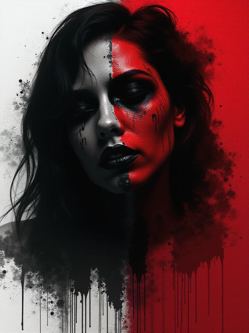 A striking image of a woman with black and red paint on her face, capturing an intense, expressive digital art style. The image features a gradient background transitioning from white to deep red, with torn and jagged edges that add a raw, distressed look. The overall composition should have a high contrast, with sharp details and dramatic lighting. The artwork is inspired by dark, emotional themes, giving it a haunting yet captivating appearance, as if created using Affinity Photo