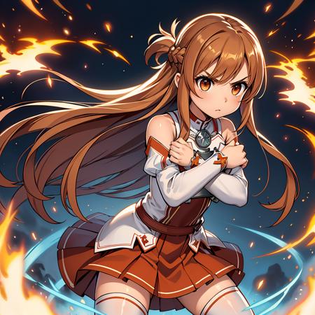 masterpiece,best quality,highly detailed,1girl,solo,serious,concentrating,v-shaped eyebrows,
<lora:asuna_(sao)_v1:0.7>,aaasuna,long hair,brown hair,braid,brown eyes,bare shoulders,armor,breastplate,white sleeves,detached sleeves,red skirt,pleated skirt,white thighhighs,
BREAK
<lora:xArms:0.4>,(((crossing arms in an X shape,crossed arms,clenched hands))),cross,cross,hands on own chest,(((surrounded by dynamic and vivid flames,burning,fire))),