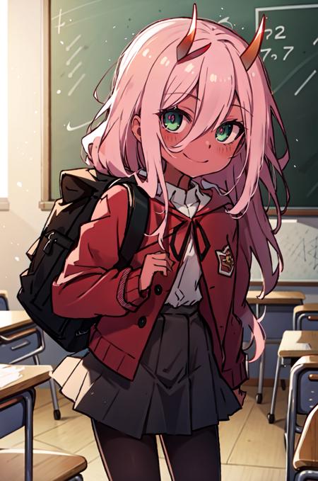 <lora:Zero_Two_Oni__Character_LoRA:1> Zero Two, 1girl, masterpiece, best quality, red uniform, long hair, (red skin), red horns, pink hair, green eyes, colored sclera, school, classroom, serafuki, pantyhose, backpack, smile, looking at viewer, tables, chairs, chalkboard,