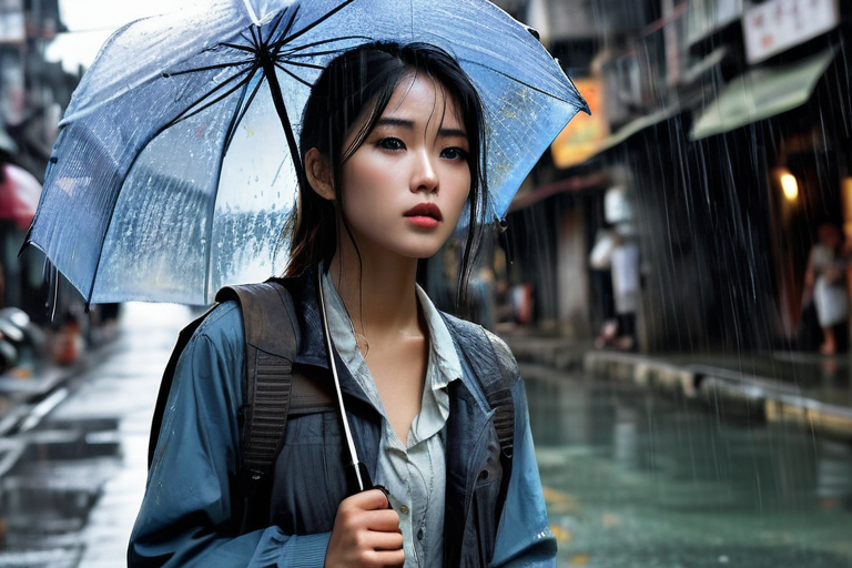 ï¼Kowloon Walled Cityï¼,(((extremely detailed))),((masterpiece)), (((best quality))), ((ultra-detailed)), ((illustration)),flowing ,Telegraph Pole ,solo,1girl,bnematic lighting,vest,ï¼Delicate faceï¼(rain),(girl hold an umbrella),grey sky,lonely,ï¼cityï¼,beautifuldetailedeyes, detailedwetclothes,blankstare ,dynamicangle,umbrella,expressionless,wet,alley,swirl