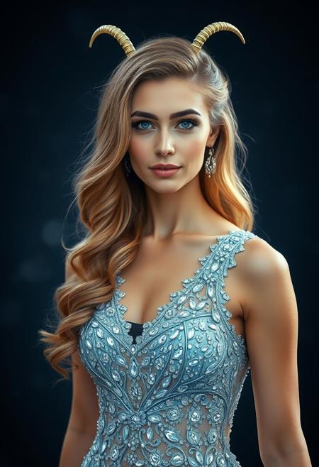 "A stunningly beautiful 22-year-old woman with a diamond dress representing capricorn zodiac."