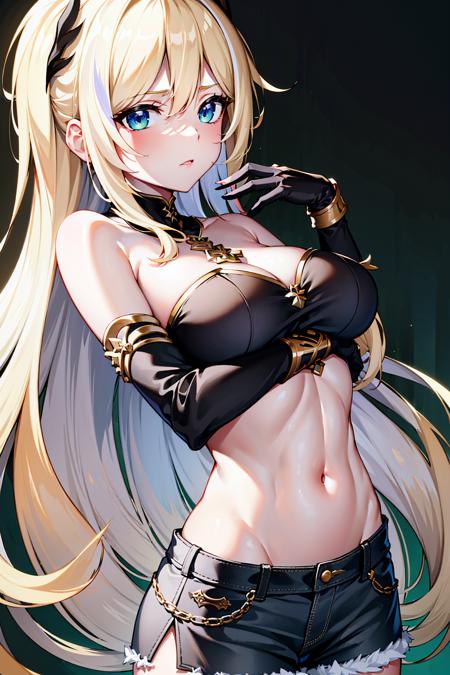 ultra high res,masterpiece,best quality,
1girl,<lora:Bianca_v2:0.55>daie,bangs,black gloves,long hair,blonde hair,(white streaked hair:1.1),Green off-shoulder crop top with denim skirt