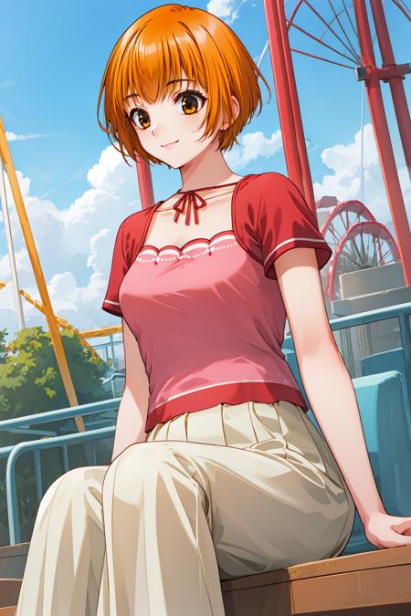 1girl, amusement park, cowboy shot, smile, sitting, 
ever17_you, brown eyes, orange hair, short hair, collarbone, shirt, short sleeves, skirt, <lora:ever17_you_lora_ver1:0.8>, best quality, masterpiece, highres, <lora:GoodHands-vanilla:1>