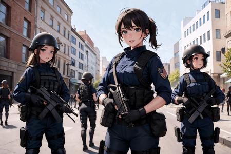 best quality, masterpiece, 5girls, little girls in riot gear