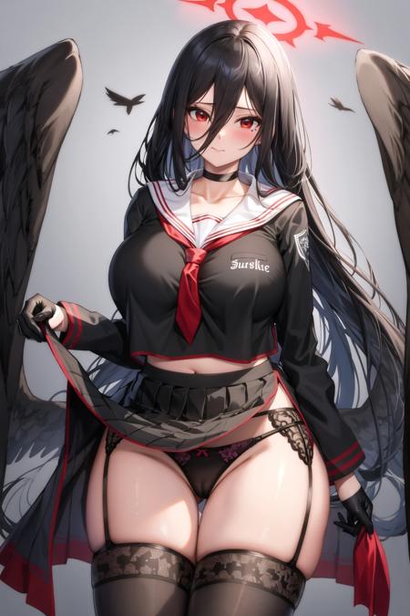 1girl, ass visible through thighs, bangs, black choker, black garter belt, black gloves, black hair, black panties, black serafuku, black shirt, black skirt, black thighhighs, black wings, blush, choker, closed mouth, clothes lift, collarbone, cowboy shot, feathered wings, garter belt, garter straps, gloves, grey background, groin, hair between eyes, halo, hasumi \(blue archive\), highleg panties, huge breasts, large breasts, large wings, lifted by self, long hair, long sleeves, looking at viewer, low wings, mole under eye, navel, neckerchief, necktie, panties, red eyes, red necktie, sailor collar, school uniform, serafuku, shirt, skirt, skirt lift, solo, thighhighs, thighs, underwear,(mature female), very long hair, white sailor collar, wings,(masterpiece),(best quality)