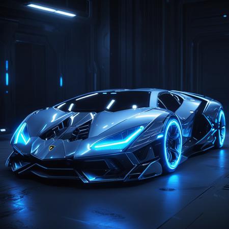 a divin and futuristic lamborghini made of glossy silver and blue glow, delicate frame, cyborg, deus ex human revolution, SilverPulse, masterpiece, best quality, highly detailed, sharp focus, dynamic lighting