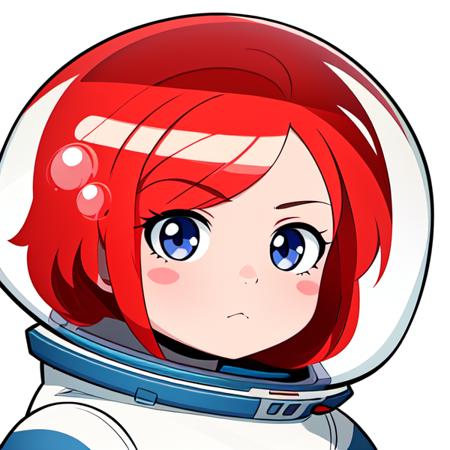 high quality, masterpiece, detailed, detailed face and eyes, (chibi:1.3), anime style, sticker, white background, cel shading, 1girl, astronaut, spacesuit, bubble helmet, full body, space helmet, white background