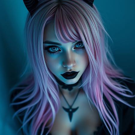 A 20-year-old woman with gothic makeup. Long silky neon pink hair, big blue eyes with thin eyebrows, black lips, small upturned nose. She is the image of a seductive gothic succubus. She exudes a bewitching aura. Ultra-detailed facial details, innocent and playful, soft light glowing, soft incandescent. Staring into the distance. Grey and blue tones, misty atmosphere. Sexy and seductive playful, sexy emo outfit, revealing breasts and some neck and chest tattoos. Her detailed face surrounded by disheveled hair radiates innocence and beauty. Cinematic composition, contrast of light and shadow, adorable bold and detailed face, realistic and fantastical woman, ((full body shot of an attractive woman, view from above, large breasts, deep cleavage, sideboob, very sexy)), Detailed facial texture, ultra-detailed eye and hair details, 8K+ high resolution photos are all showcased.
