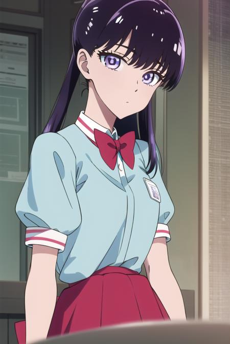 akiratachibana, <lora:akiratachibana-lora-nochekaiser:1>,
akira tachibana, long hair, bangs, black hair, (purple eyes:1.1),
BREAK skirt, shirt, bow, ponytail, short sleeves, puffy sleeves, bowtie, uniform, apron, red bow, blue shirt, waist apron, waitress, employee uniform,
BREAK looking at viewer,
BREAK indoors, classroom,
BREAK <lora:GoodHands-vanilla:1>, (masterpiece:1.2), best quality, high resolution, unity 8k wallpaper, (illustration:0.8), (beautiful detailed eyes:1.6), extremely detailed face, perfect lighting, extremely detailed CG, (perfect hands, perfect anatomy),