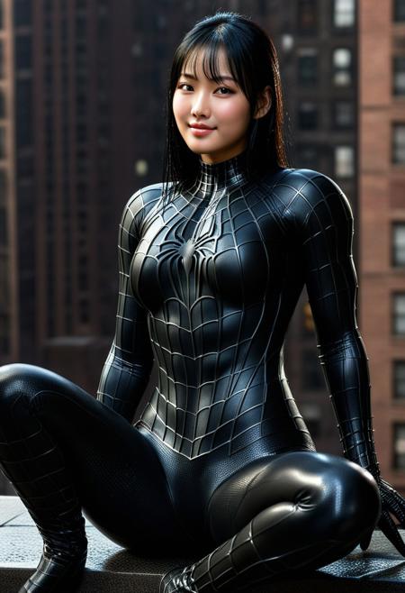 score_9, score_8_up, score_7_up, best quality, realistic, masterpiece, beautiful detail, hyperrealistic, night, ((1girl, woman body, big breasts)), amazing detailed full body portrait of a sexy korean girl, wearing a realistic and highly detailed black raimi spider-man suit, ((huge muscular girl)), professional model wears ultra - detailed black raimi spider - man suit, ultra - detailed and grained black raimi spiderman suit, suit covered entire body and hand, black spiderman gloves, wet, (black hair, sitting, smile), (full body), (dirty skin), octane render, highly detailed, volumetric, dramatic lighting, (highest quality:1.1), (HDR:1.3), (top quality, best quality), realistic, high definition,
