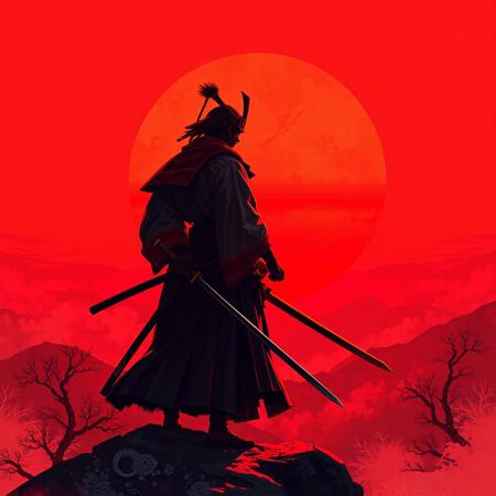 a samurai is standing on a mountain, the sun is red, super focus on male, the samurai is holding a sword in the right hand, , superrealistic
