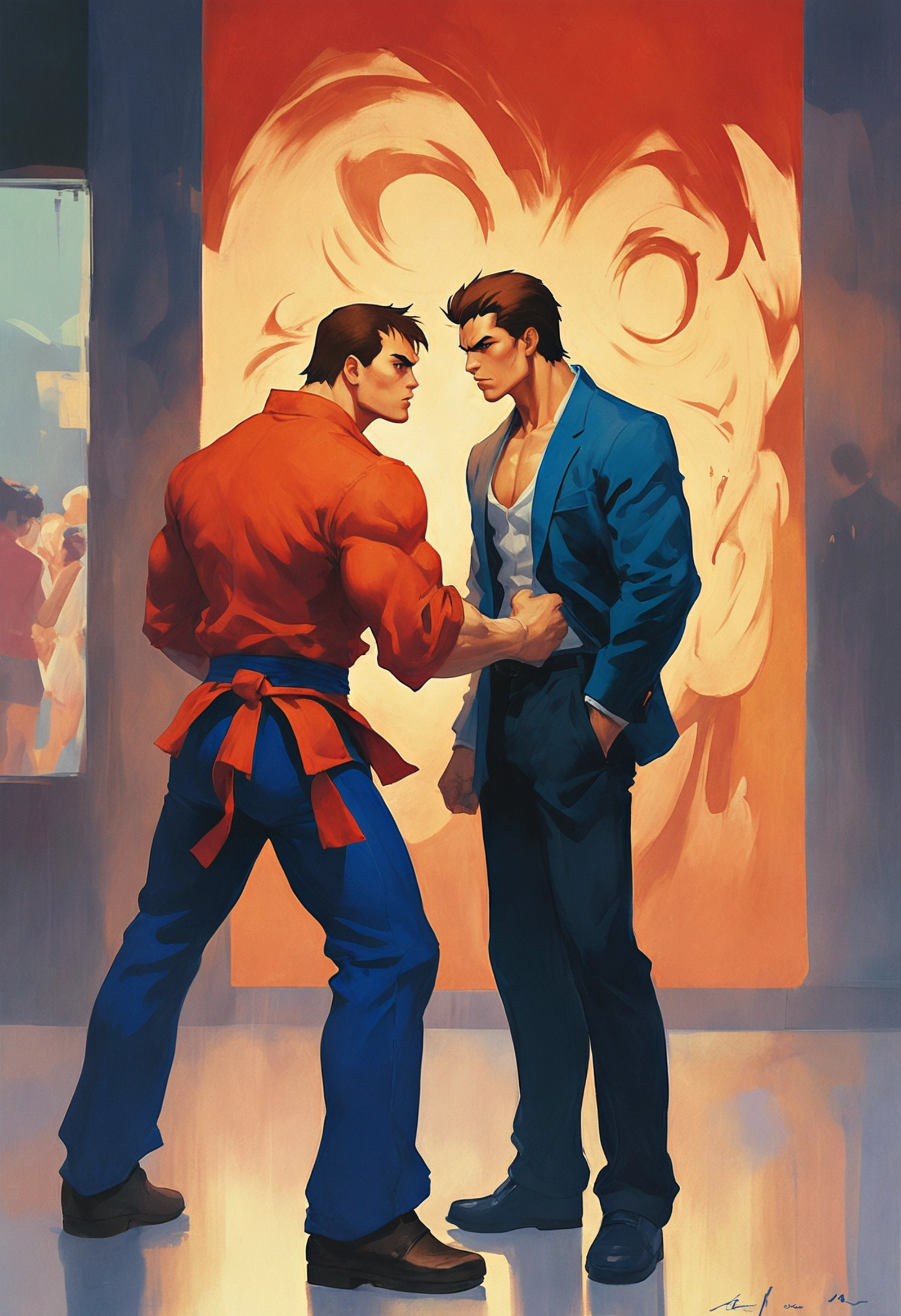 Street Fighter style minimalist style (art by Frits Van den Berghe:1.2) , painting, Vulgar "Hello, I love you, won't you t...