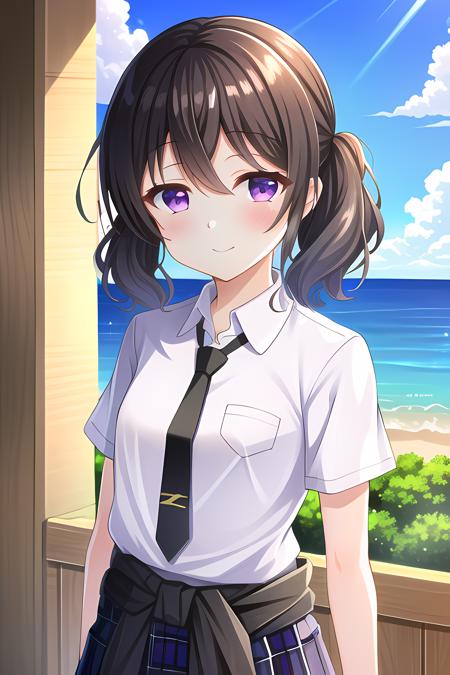 (masterpiece), (best quality:1.4, high quality:1.4), (upper body:1.2), best lightning, detailed eyes, highres, scenery, indoors, 1girl, solo, solo focus, Yoshinaga, small breasts, brown hair, purple eyes, light smile, closed mouth, school uniform, shirt, white shirt, collared shirt, necktie, black necktie, (purple clothes, clothes around waist), skirt, plaid skirt, pleated skirt, black skirt, <lora:Koi_Yoshinaga_v2:0.8>