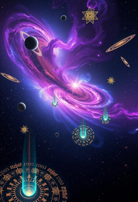 A highly detailed and ultra-realistic scene depicting a vast starry expanse stretching infinitely across the cosmos, where swirling galaxy clusters in vibrant purples, blues, and pinks blend seamlessly with glowing nebulae that shimmer like celestial veils. Distant planets with delicate rings hover in the void, their surfaces reflecting the light of nearby stars, while floating asteroid fragments and shimmering cosmic dust drift lazily through the scene. A magical element infuses the space with wonder—arcane runes of pure starlight, glowing in radiant gold, trace intricate patterns across the void, pulsing with an ancient, mystical energy that seems to hum with power. A surreal touch enhances the otherworldly atmosphere—glowing ethereal portals, pulsating with teal light, are scattered across the expanse, their edges flickering as if gateways to unknown realms, with faint aurora trails weaving between them in hues of green and violet. The deep black void serves as a stark backdrop, amplifying the brilliance of the cosmic and magical elements, creating a scene that feels both majestic and enchanted. The atmosphere is awe-inspiring, rendered with ultra-realistic precision, rich textures, and high contrast, optimized for FLUX.1 with sharp edges and cinematic depth, crafting a breathtakingly magical space vista.