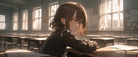 close up, masterpiece, best quality, solo, 1girl in abandoned classroom, sitting school desk, ruins, indoors, window, looking away, curtains, chalkboard, sunlight, brown hair, brown eyes,  black serafuku, depth of field, glow