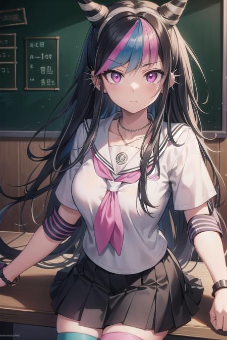 ibukimioda, <lyco:ibukimioda-lyco-nochekaiser:1>,
ibuki mioda, black hair, blue hair, hair horns, ear piercing, lip piercing, long hair, multicolored hair, (pink eyes:1.5), pink hair, white hair,
BREAK asymmetrical legwear, black skirt, blue thighhighs, jewelry, mismatched legwear, neckerchief, necklace, piercing, pleated skirt, ring, school uniform, serafuku, shirt, skirt, thighhighs, torn clothes, torn thighhighs, zettai ryouiki,
BREAK looking at viewer,
BREAK indoors, classroom,
BREAK <lyco:GoodHands-beta2:1>, (masterpiece:1.2), best quality, high resolution, unity 8k wallpaper, (illustration:0.8), (beautiful detailed eyes:1.6), extremely detailed face, perfect lighting, extremely detailed CG, (perfect hands, perfect anatomy),