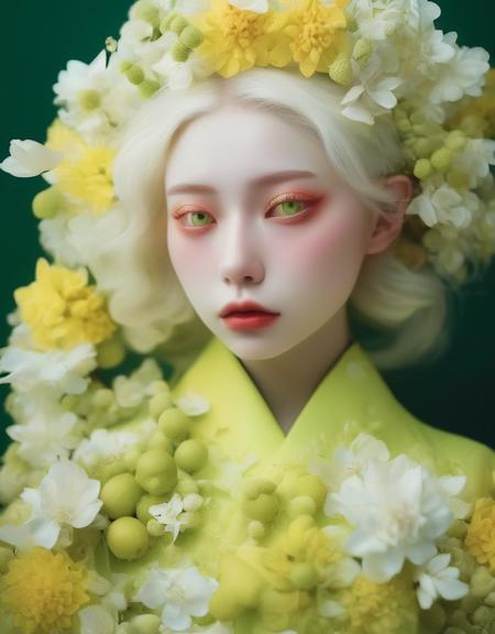 a commercial photo portrait of instagram model, the Ethereal Portraits, fashionable 2020's Japanese girl, detailed skin texture, 16yo girl, hyper real photo, , Albinism and Heterochromia by Bella Kotak, girly portrait in studio shoots, Albina Albina, Feminine portrait, bust-up shot, intricate fantasy dress,
taken by professional studio lighting, 150mm lens, PhaseOne, digital backs, medium format,
, 150mm portrait, photography, photo taken with a Hasselblad H4D, taken with PhaseOne IQ180, IQ160, IQ140, P65+, P45+, "digital back", extremely detailed, Leaf Aptus, perfect skin, detailed skin, hyper reality, perfect face,
(lime yellow:1.6) hair, (lime yellow:1.6) background, dress head completely covered with (lime yellow:1.6) flowers, (lime yellow:1.6) color filter,