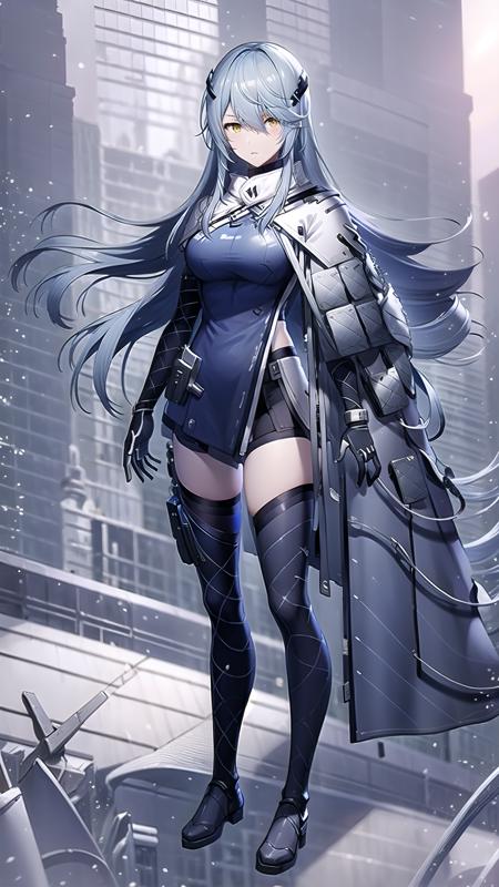 masterpiece, best quality,lyfesnowbreak,1girl, solo, long hair, yellow eyes, gloves, thighhighs, breasts, grey hair, bangs, hair ornament, cape, standing, white gloves, (dark blue dress:), dark  blue cloak, black thighhighs, expressionless, <lora:LyfeSnowV1:0.9>, full body,beach,